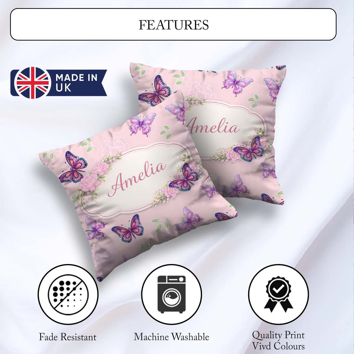 Custom Name Pink Purple Butterfly Floral Soft Background Pattern Square Filled Cushion Throw Pillow Sofa Bed Home Decor Zip Washable UK Made