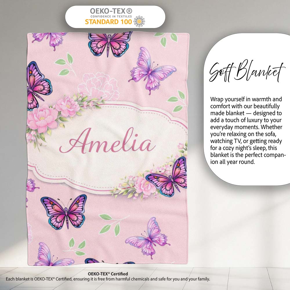 Pink Purple Butterfly Floral Soft Pink Background Seamless Pattern Personalised Custom Name Super Soft Fleece Blanket Bed Sofa Throw