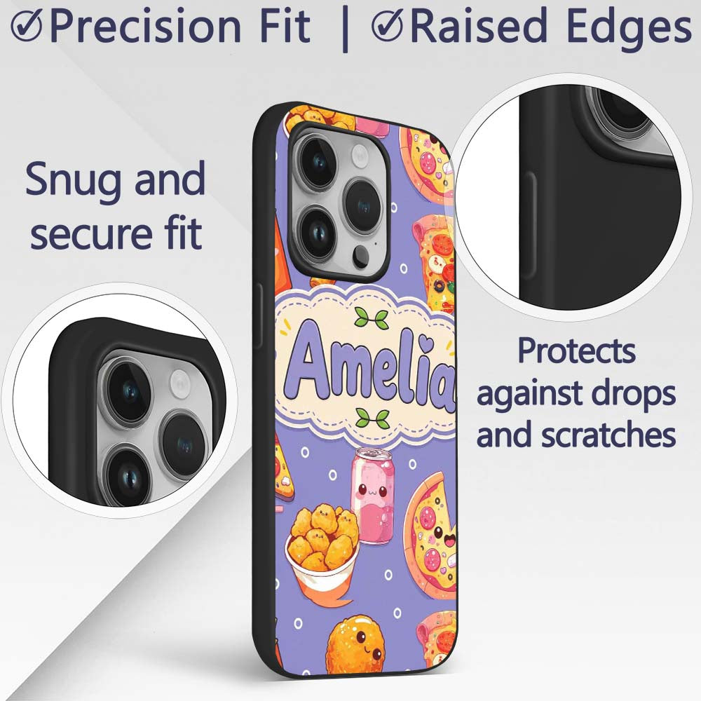 Cute Kawaii Fast Food Pizza Chicken Soda Purple Custom Name Protective Phone Case Mobile Cover Durable Everyday Smartphone Shock Resistant