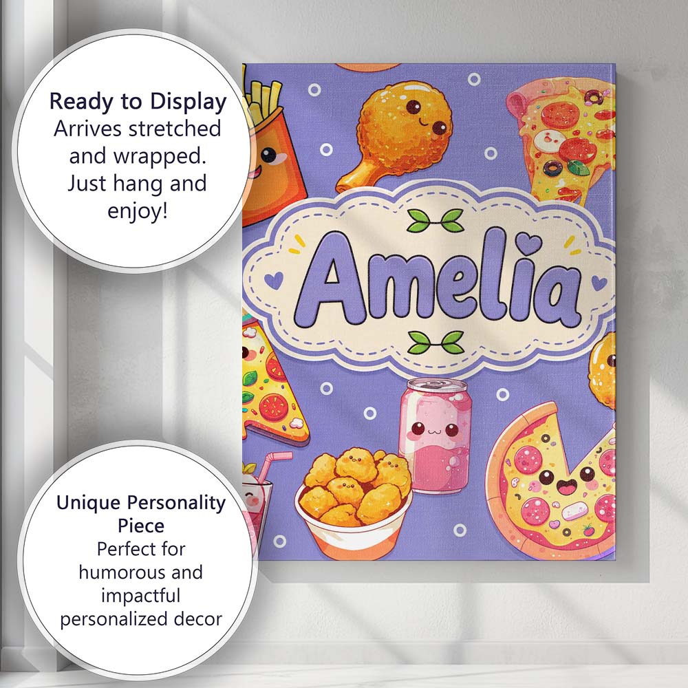Personalised Name Cute Kawaii Fast Food Custom Modern Room Accent Elegant Feature Canvas Wall Art Print Decor Picture Ready to Hang