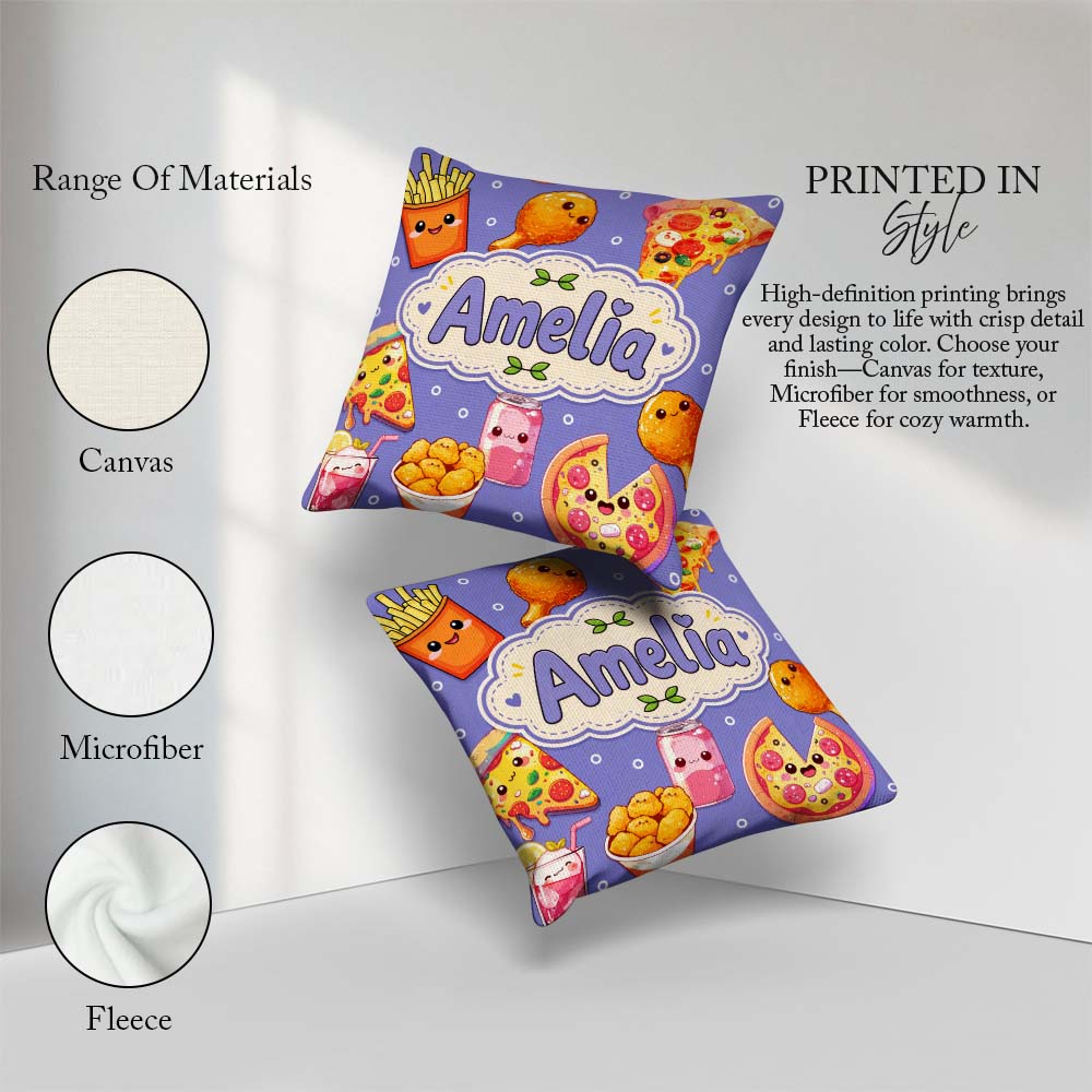 Custom Name Kawaii Fast Food Pizza Chicken Soda Purple Seamless Square Filled Cushion Throw Pillow Sofa Bed Home Decor Zip Washable UK Made
