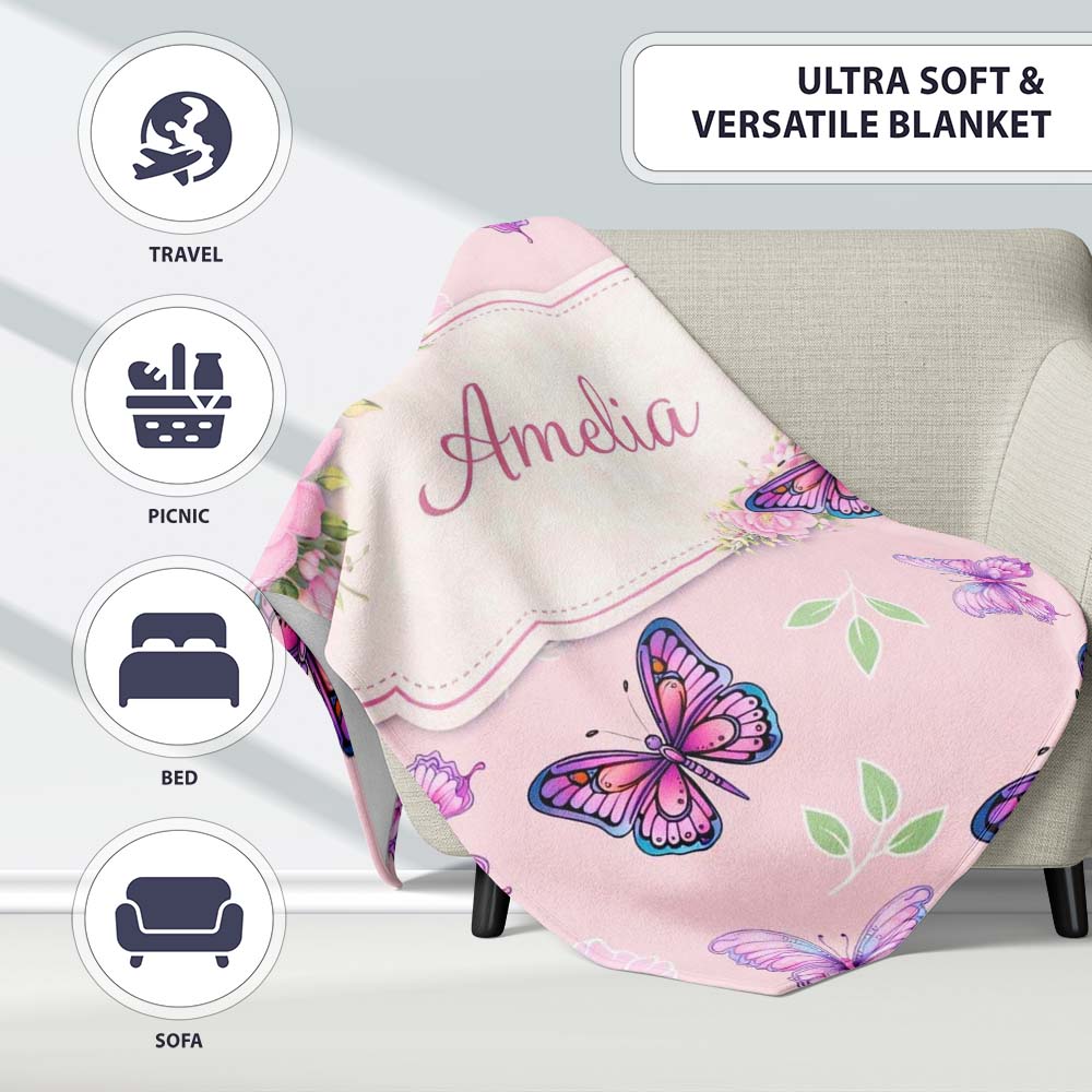 Pink Purple Butterfly Floral Soft Pink Background Seamless Pattern Personalised Custom Name Super Soft Fleece Blanket Bed Sofa Throw