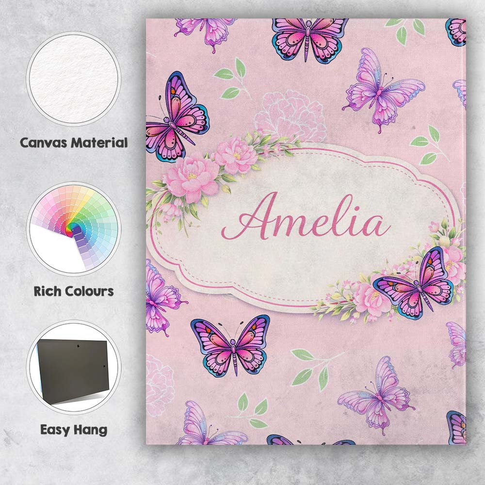 Personalised Name Pink Purple Butterfly Floral Soft Background Custom Decorative Canvas Wall Art Print Decor Picture Ready to Hang