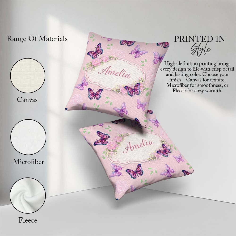 Custom Name Pink Purple Butterfly Floral Soft Background Pattern Square Filled Cushion Throw Pillow Sofa Bed Home Decor Zip Washable UK Made