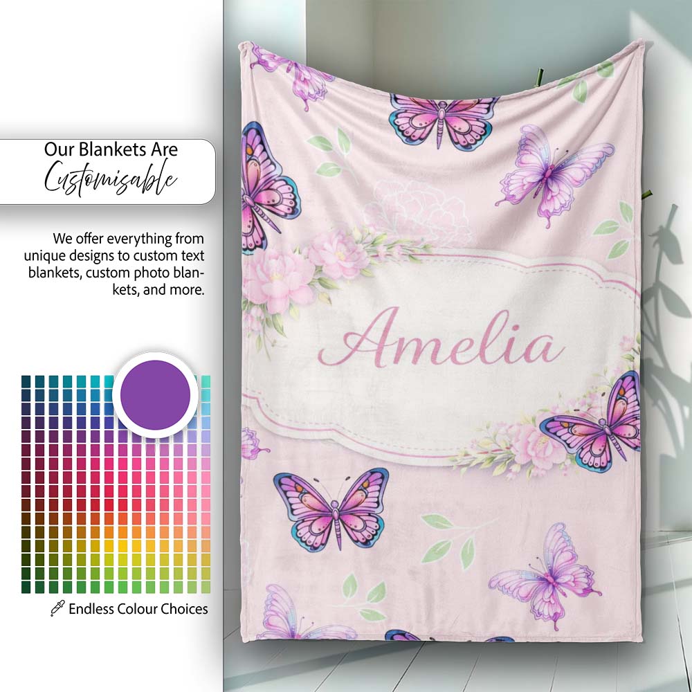 Pink Purple Butterfly Floral Soft Pink Background Seamless Pattern Personalised Custom Name Super Soft Fleece Blanket Bed Sofa Throw
