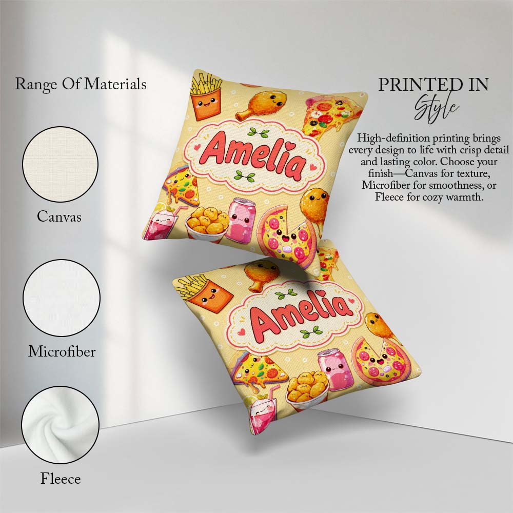 Custom Name Kawaii Fast Food Pizza Chicken Soda Yellow Seamless Square Filled Cushion Throw Pillow Sofa Bed Home Decor Zip Washable UK Made
