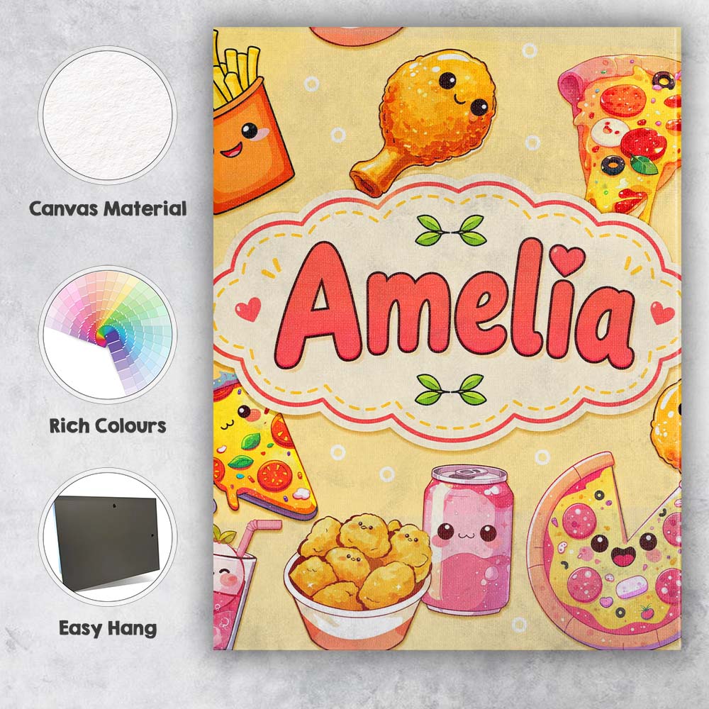 Personalised Name Cute Kawaii Fast Food Custom Modern Room Accent Elegant Feature Canvas Wall Art Print Decor Picture Ready to Hang