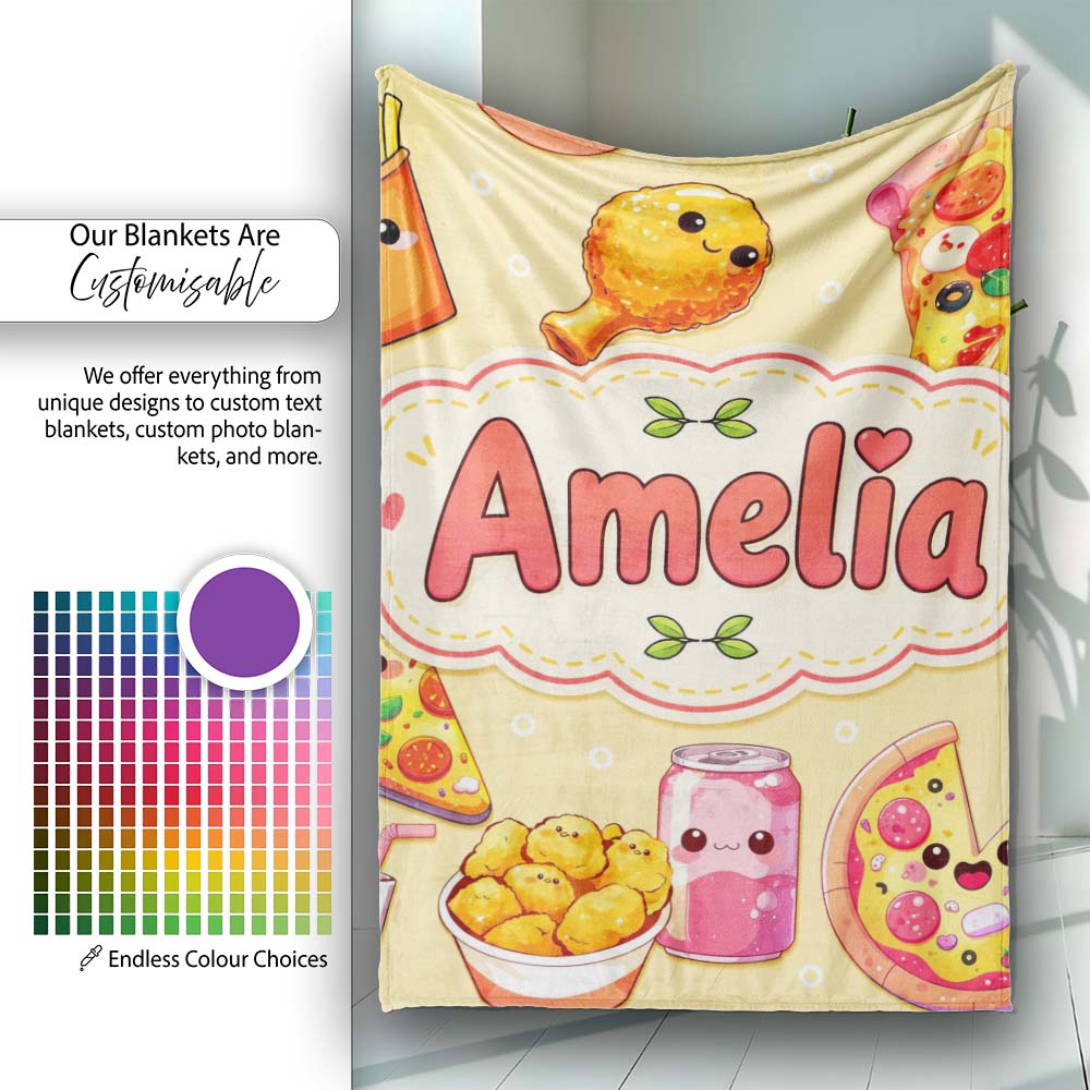 Cute Kawaii Fast Food Pizza Chicken Soda Yellow Background Seamless Personalised Custom Name Super Soft Fleece Blanket Bed Sofa Throw