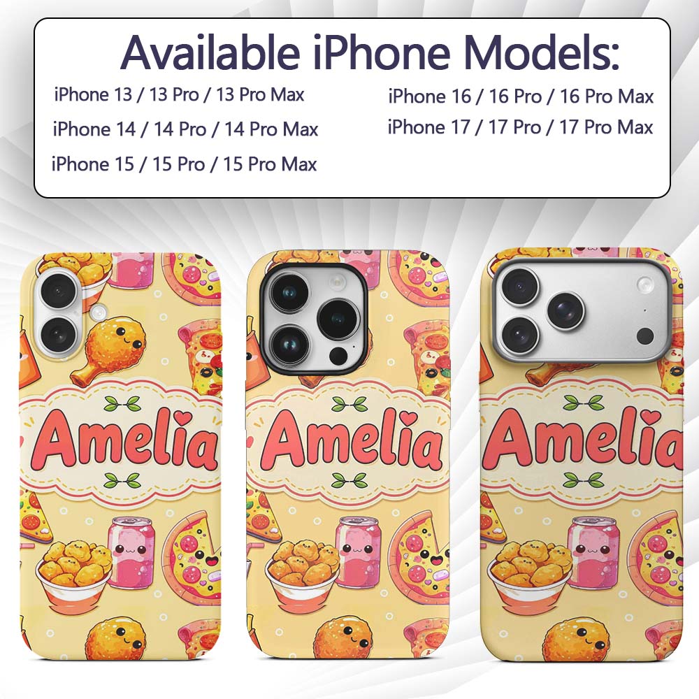 Cute Kawaii Fast Food Pizza Chicken Soda Yellow Custom Name Protective Phone Case Mobile Cover Durable Everyday Smartphone Shock Resistant