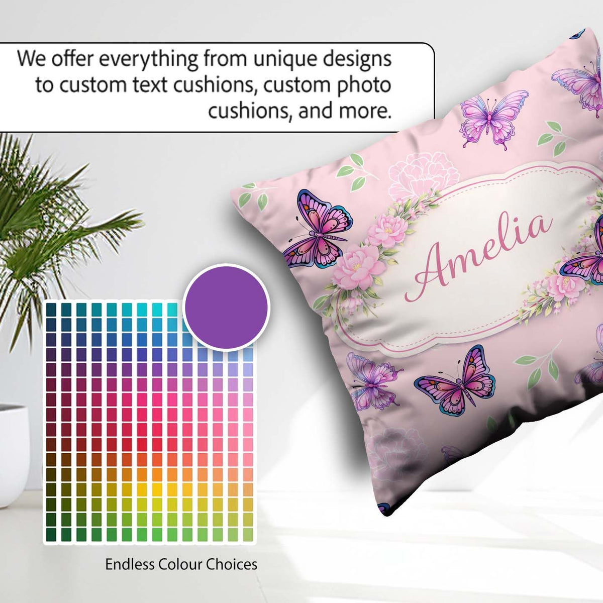 Custom Name Pink Purple Butterfly Floral Soft Background Pattern Square Filled Cushion Throw Pillow Sofa Bed Home Decor Zip Washable UK Made