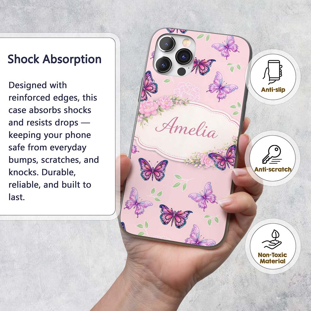 Pink Purple Butterfly Floral Soft Pink Background Custom Name Protective Phone Case Mobile Cover Durable Everyday Smartphone Shock Resistant