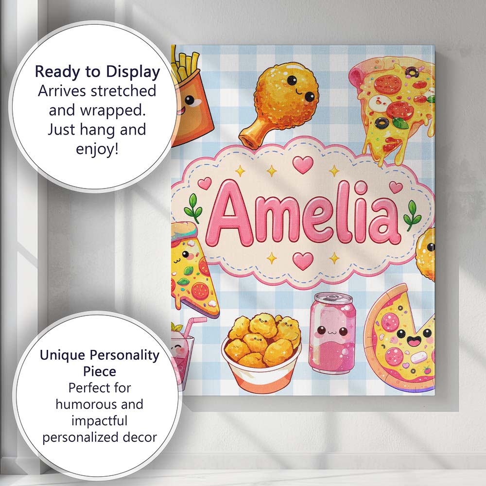 Personalised Name Cute Kawaii Fast Food Custom Modern Room Accent Elegant Feature Canvas Wall Art Print Decor Picture Ready to Hang