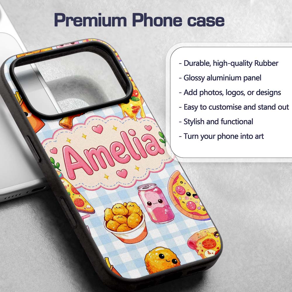 Cute Kawaii Fast Food Pizza Chicken Soda Gingham Custom Name Protective Phone Case Mobile Cover Durable Everyday Smartphone Shock Resistant