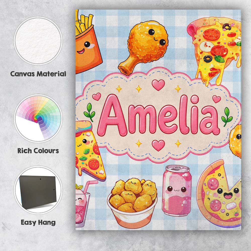 Personalised Name Cute Kawaii Fast Food Custom Modern Room Accent Elegant Feature Canvas Wall Art Print Decor Picture Ready to Hang
