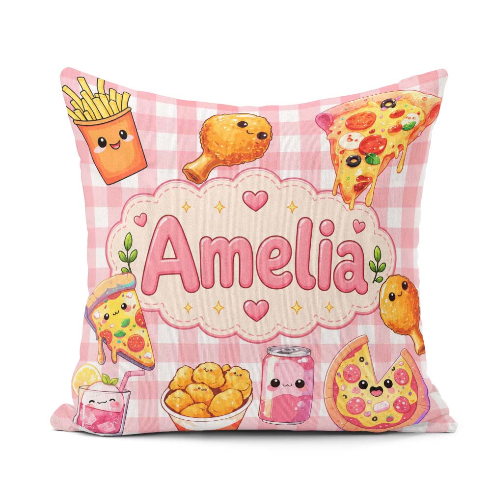 Custom Name Cute Kawaii Fast Food Pizza Chicken Soda Red Gingham Square Filled Cushion Throw Pillow Sofa Bed Home Decor Zip Washable UK Made