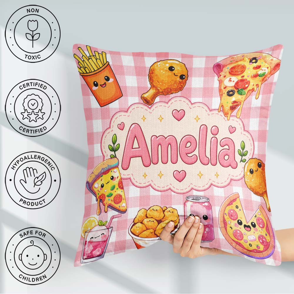 Custom Name Cute Kawaii Fast Food Pizza Chicken Soda Red Gingham Square Filled Cushion Throw Pillow Sofa Bed Home Decor Zip Washable UK Made