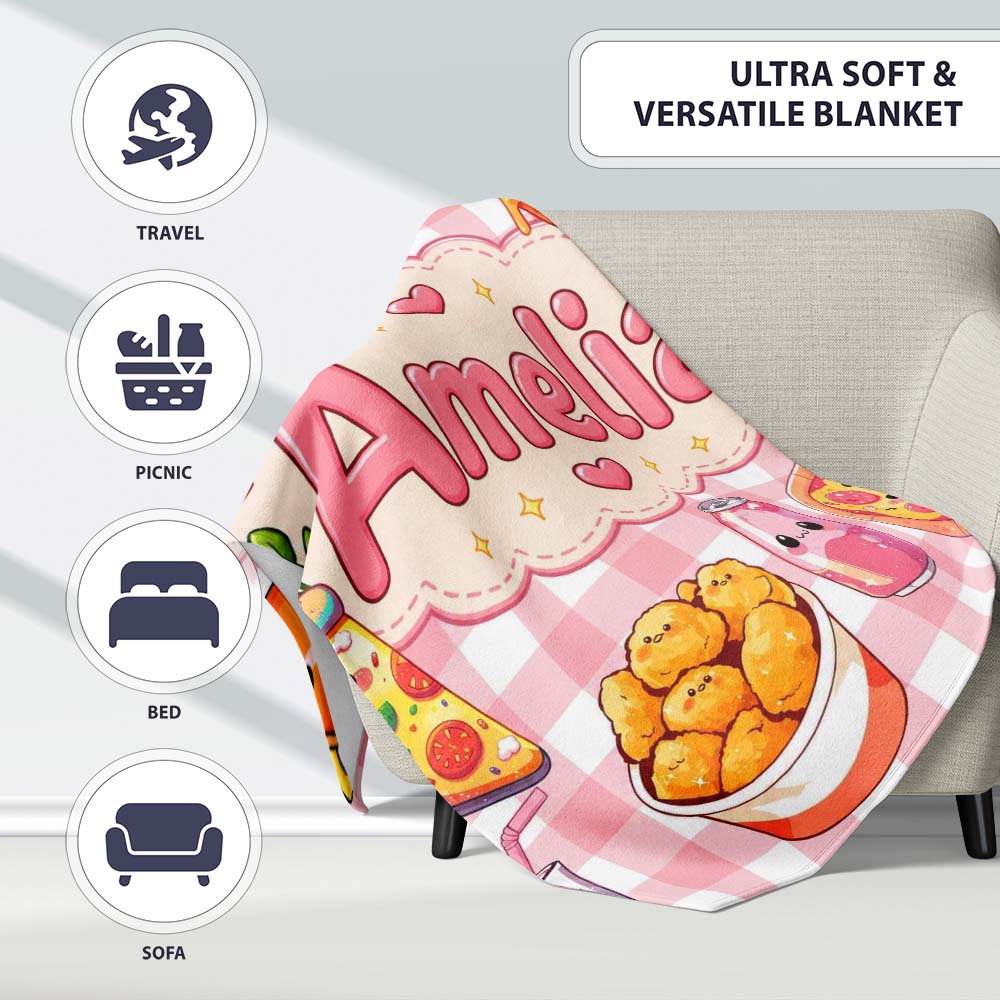 Cute Kawaii Fast Food Pizza Chicken Soda Red Gingham Background Personalised Custom Name Super Soft Fleece Blanket Bed Sofa Throw