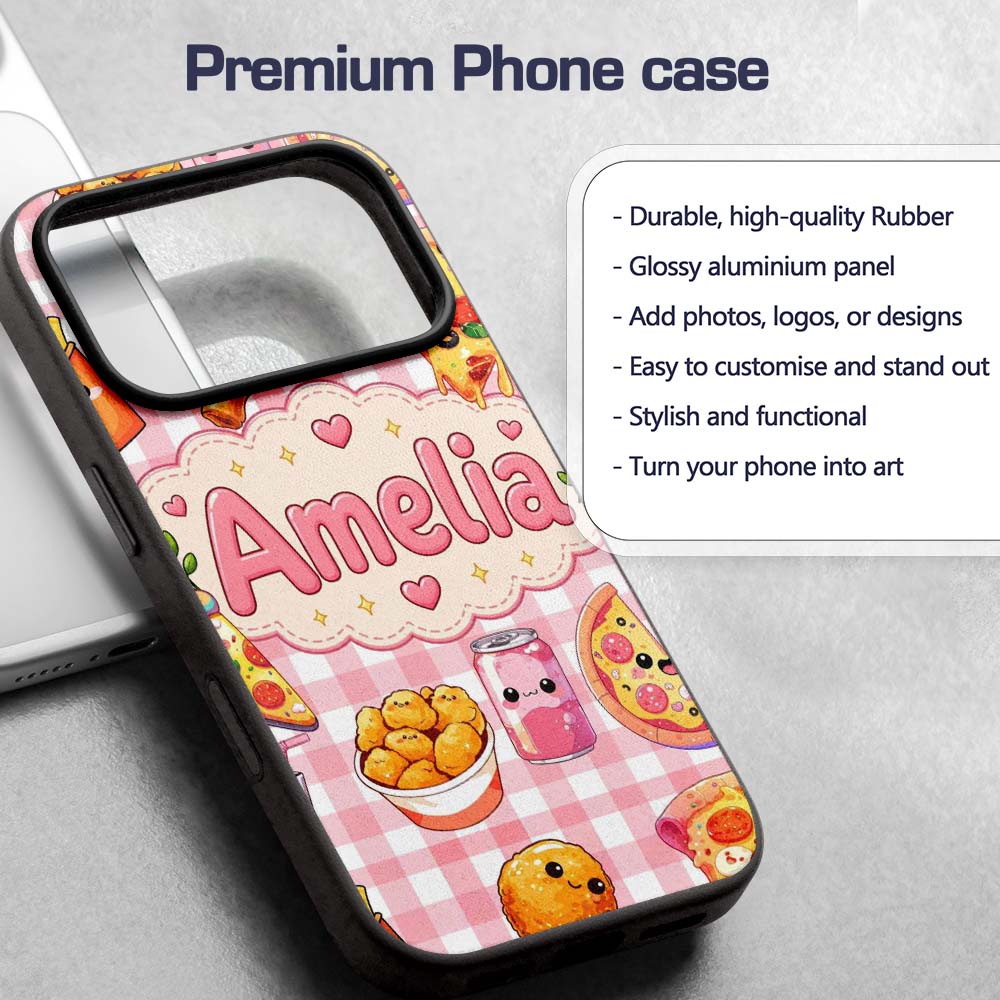 Cute Kawaii Fast Food Pizza Chicken Soda Red Custom Name Protective Phone Case Mobile Cover Durable Everyday Smartphone Shock Resistant
