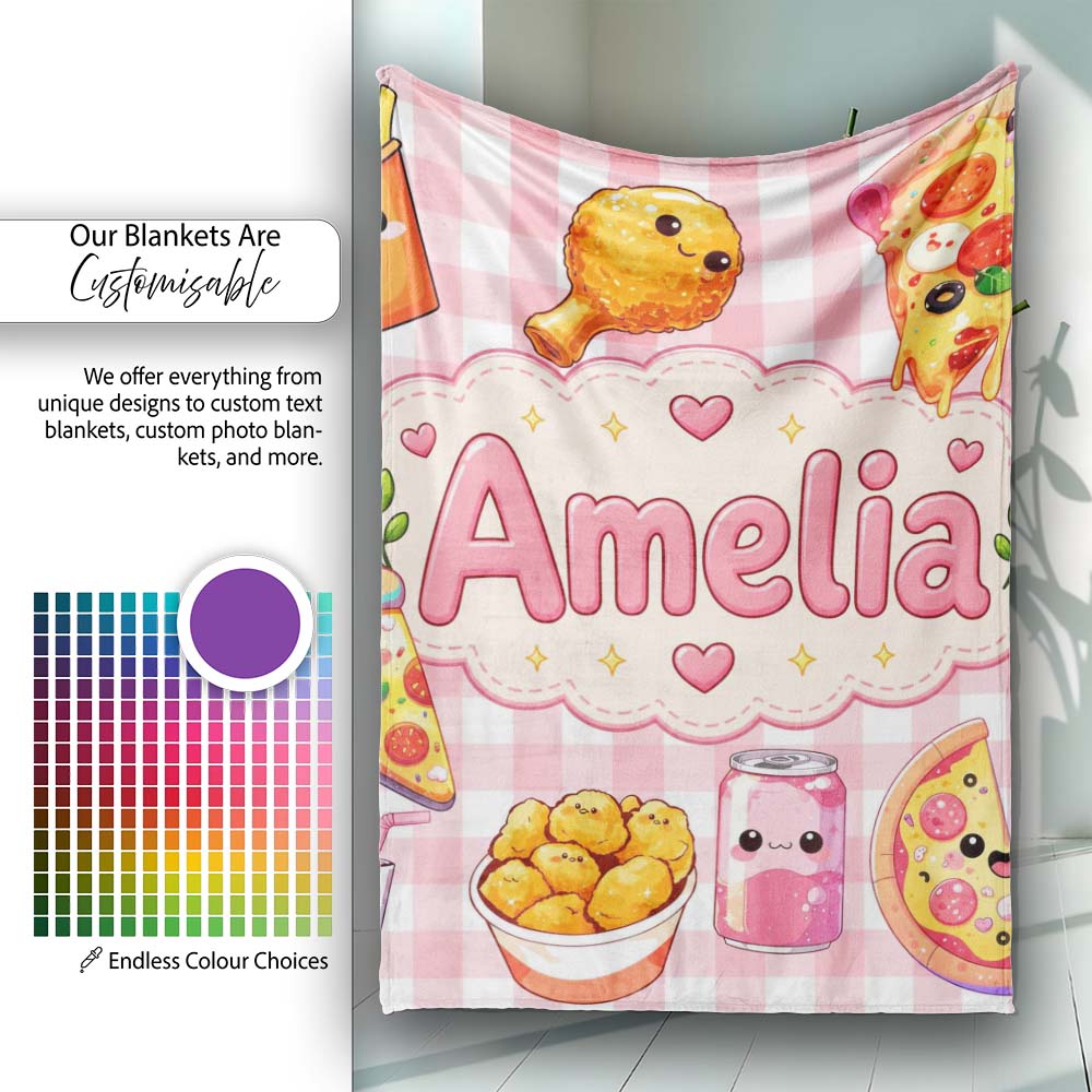 Cute Kawaii Fast Food Pizza Chicken Soda Red Gingham Background Personalised Custom Name Super Soft Fleece Blanket Bed Sofa Throw