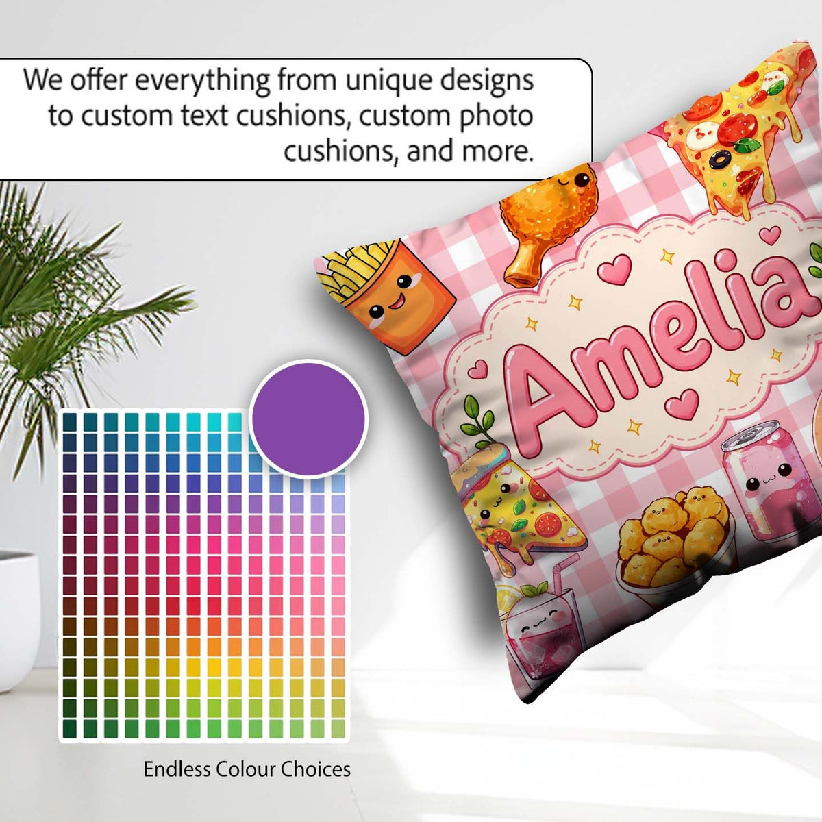 Custom Name Cute Kawaii Fast Food Pizza Chicken Soda Red Gingham Square Filled Cushion Throw Pillow Sofa Bed Home Decor Zip Washable UK Made