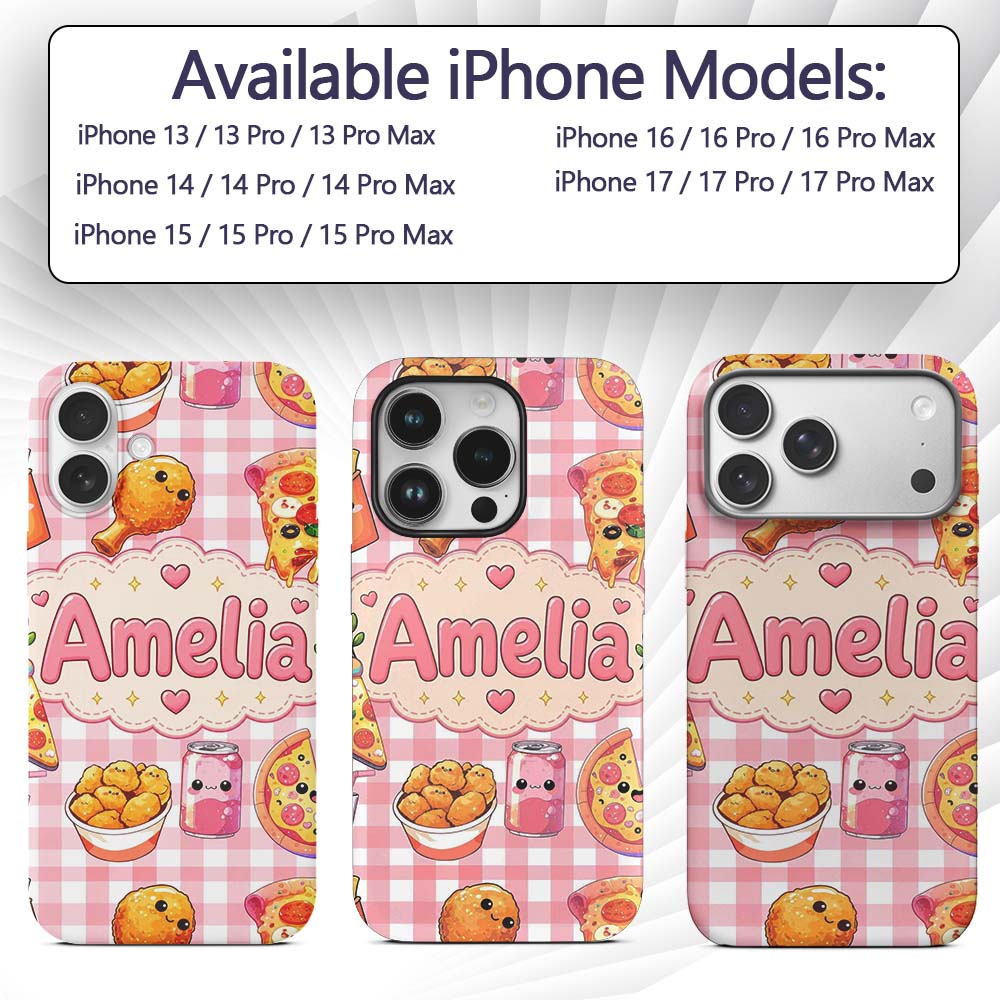 Cute Kawaii Fast Food Pizza Chicken Soda Red Custom Name Protective Phone Case Mobile Cover Durable Everyday Smartphone Shock Resistant