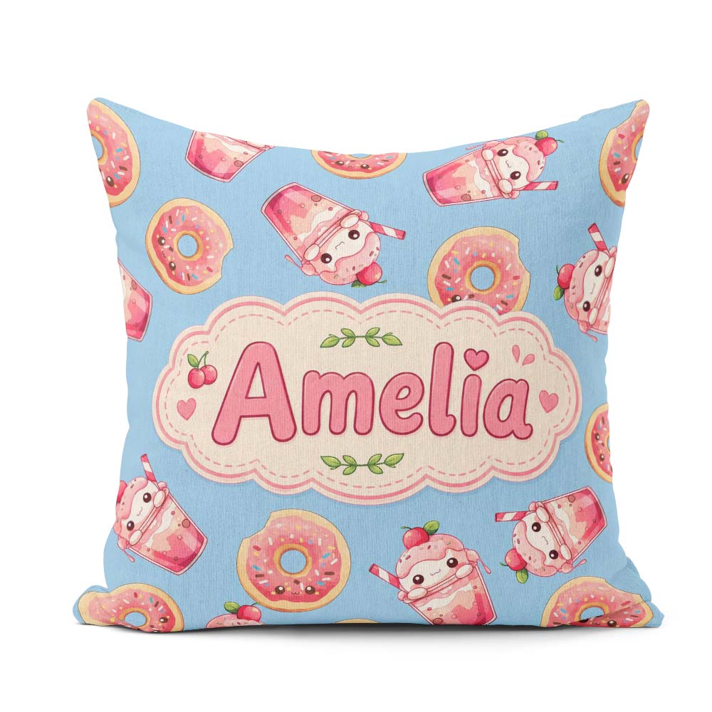 Custom Name Cute Kawaii and Strawberry Milkshake Blue Background Square Filled Cushion Throw Pillow Sofa Bed Home Decor Zip Washable UK Made