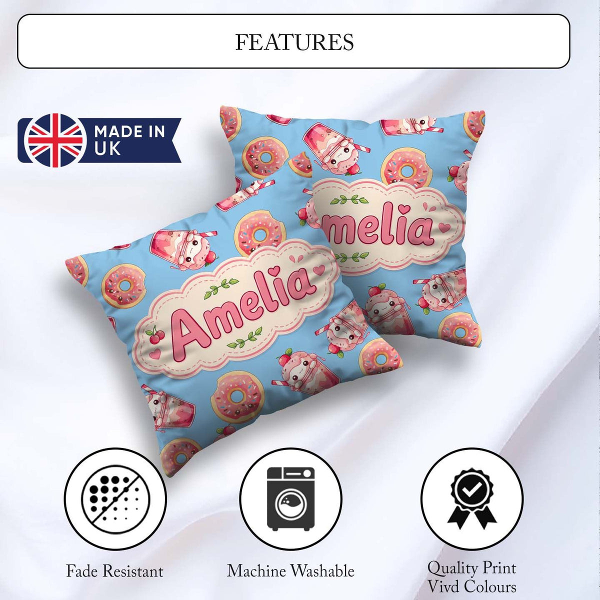Custom Name Cute Kawaii and Strawberry Milkshake Blue Background Square Filled Cushion Throw Pillow Sofa Bed Home Decor Zip Washable UK Made