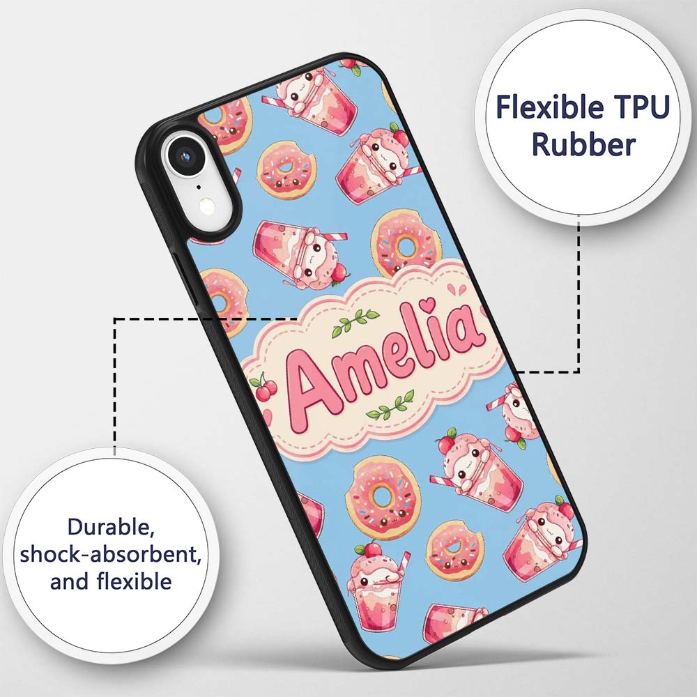 Cute Kawaii Donuts and Strawberry Milkshake Blue Custom Name Protective Phone Case Mobile Cover Durable Everyday Smartphone Shock Resistant