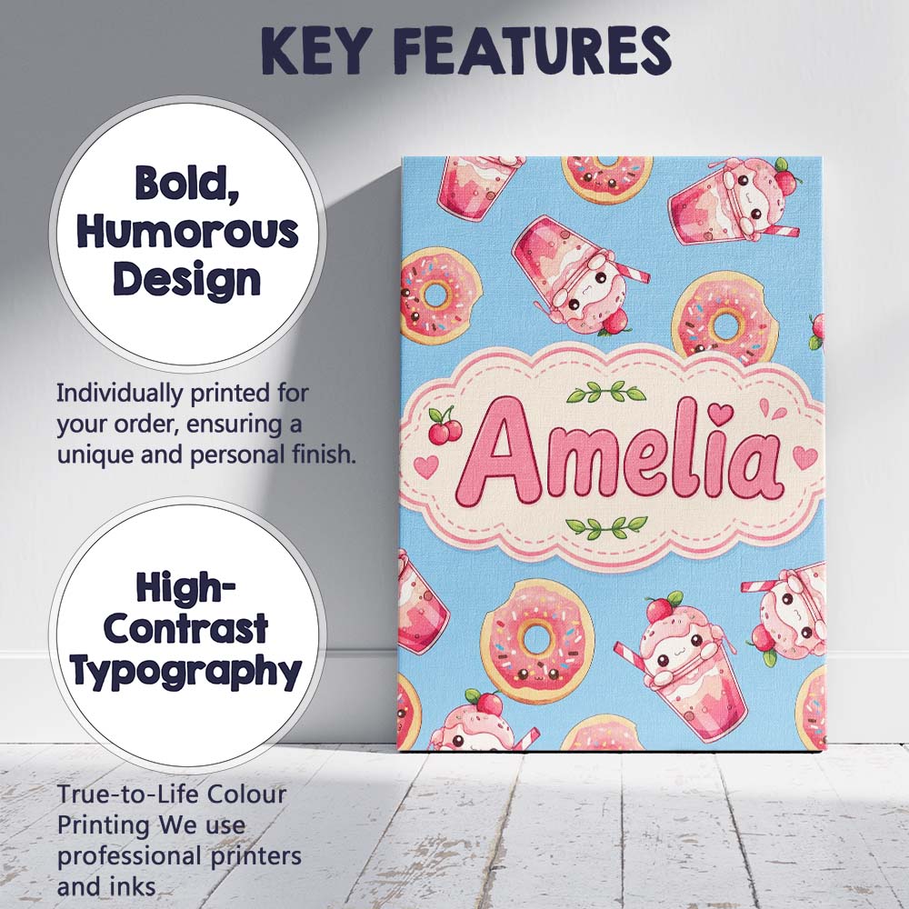 Personalised Name Cute Kawaii Donuts and Custom Unique Gift Idea Elegant Feature Canvas Wall Art Print Decor Picture Ready to Hang