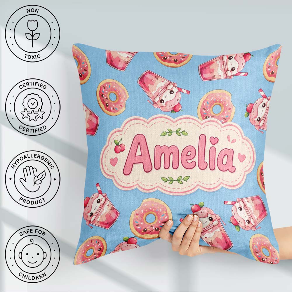 Custom Name Cute Kawaii and Strawberry Milkshake Blue Background Square Filled Cushion Throw Pillow Sofa Bed Home Decor Zip Washable UK Made