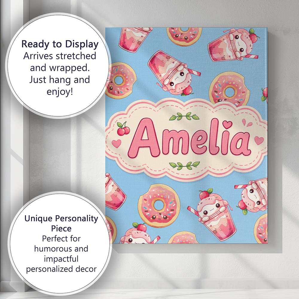 Personalised Name Cute Kawaii Donuts and Custom Unique Gift Idea Elegant Feature Canvas Wall Art Print Decor Picture Ready to Hang