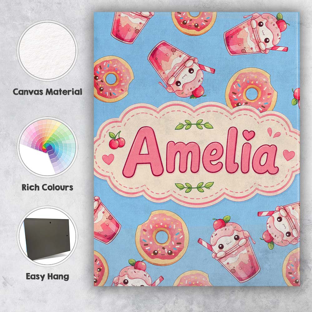 Personalised Name Cute Kawaii Donuts and Custom Unique Gift Idea Elegant Feature Canvas Wall Art Print Decor Picture Ready to Hang
