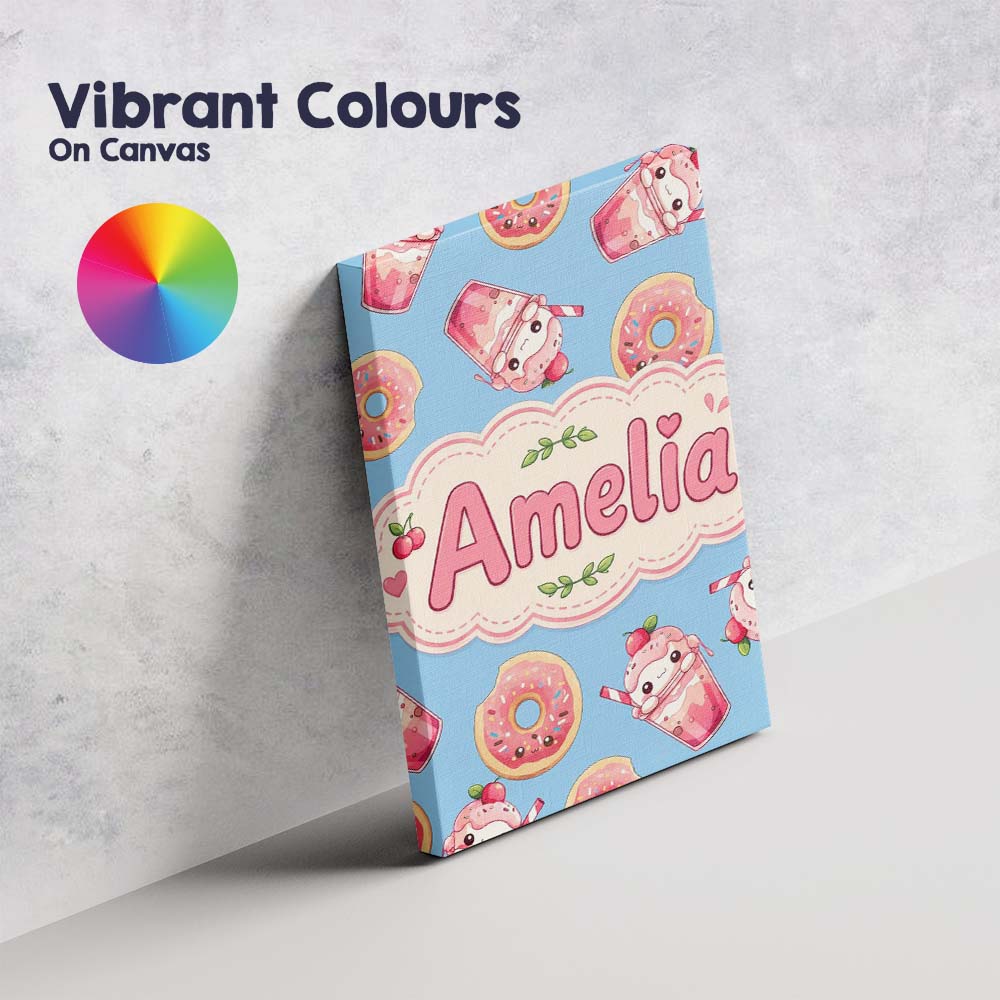 Personalised Name Cute Kawaii Donuts and Custom Unique Gift Idea Elegant Feature Canvas Wall Art Print Decor Picture Ready to Hang