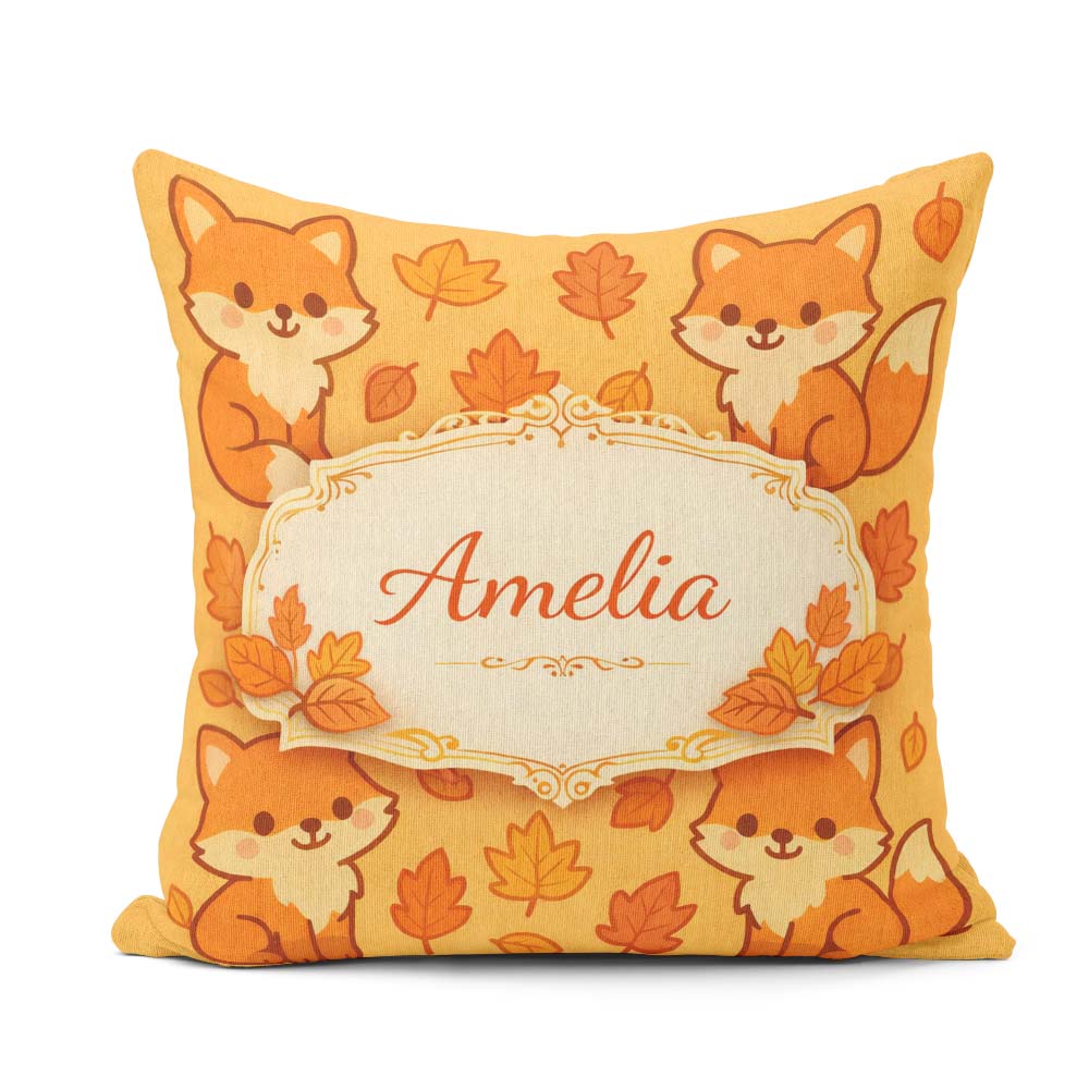 Custom Name Cute Autumn Fox Cartoon Animal Pattern Everyday Square Filled Cushion Throw Pillow Sofa Bed Home Decor Zip Washable UK Made
