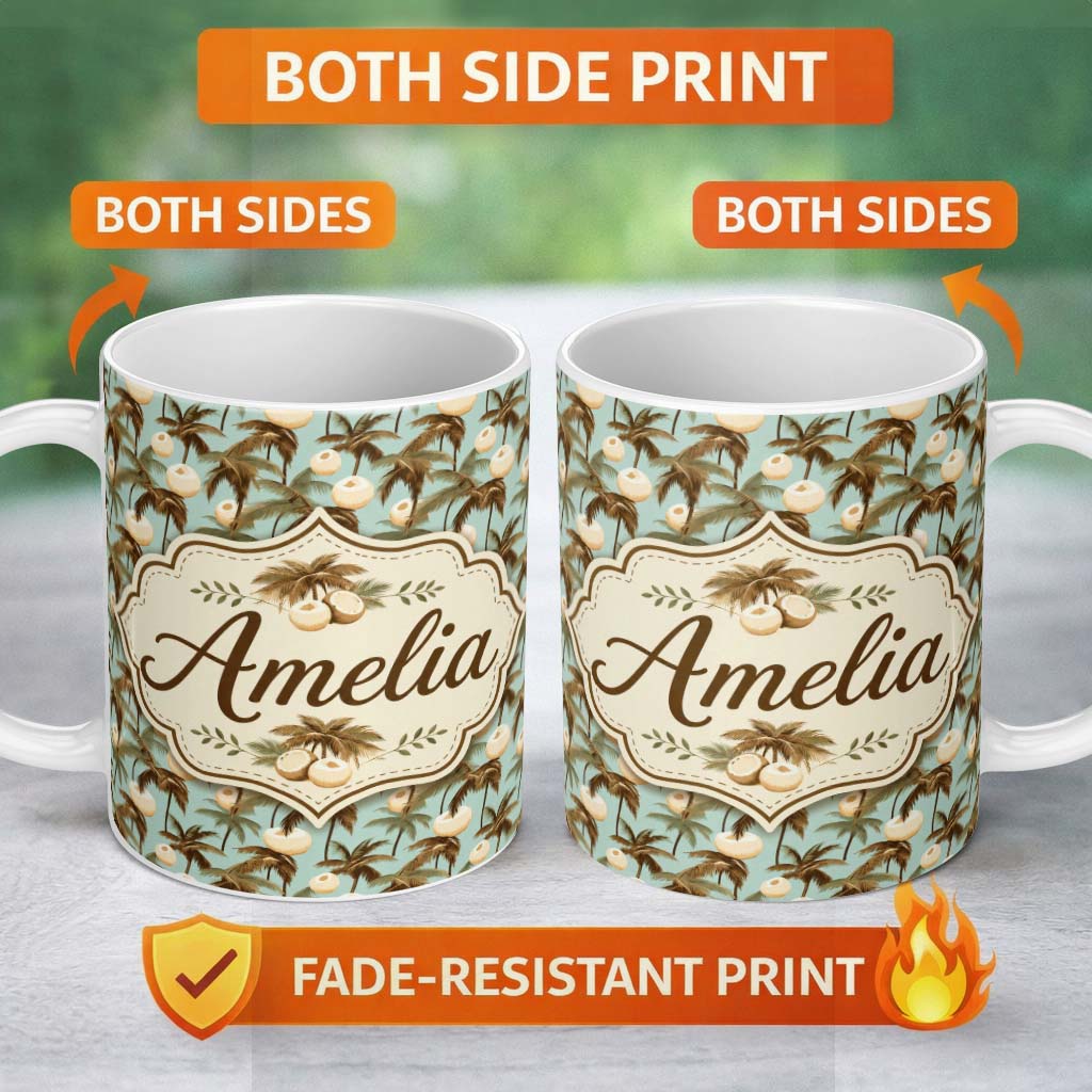 Personalized Custom Name Vintage Coconut Palm Coastal Beige Seamless Pattern Cute Unique Gift 11oz Ceramic Coffee Tea Mug White Large Handle