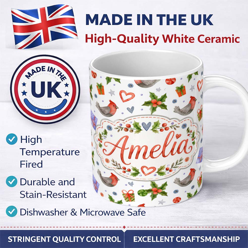 Personalized Custom Name Cute Christmas Birds Gifts Holly Hearts Festive Watercolor Seamless 11oz Ceramic Coffee Tea Mug White Large Handle