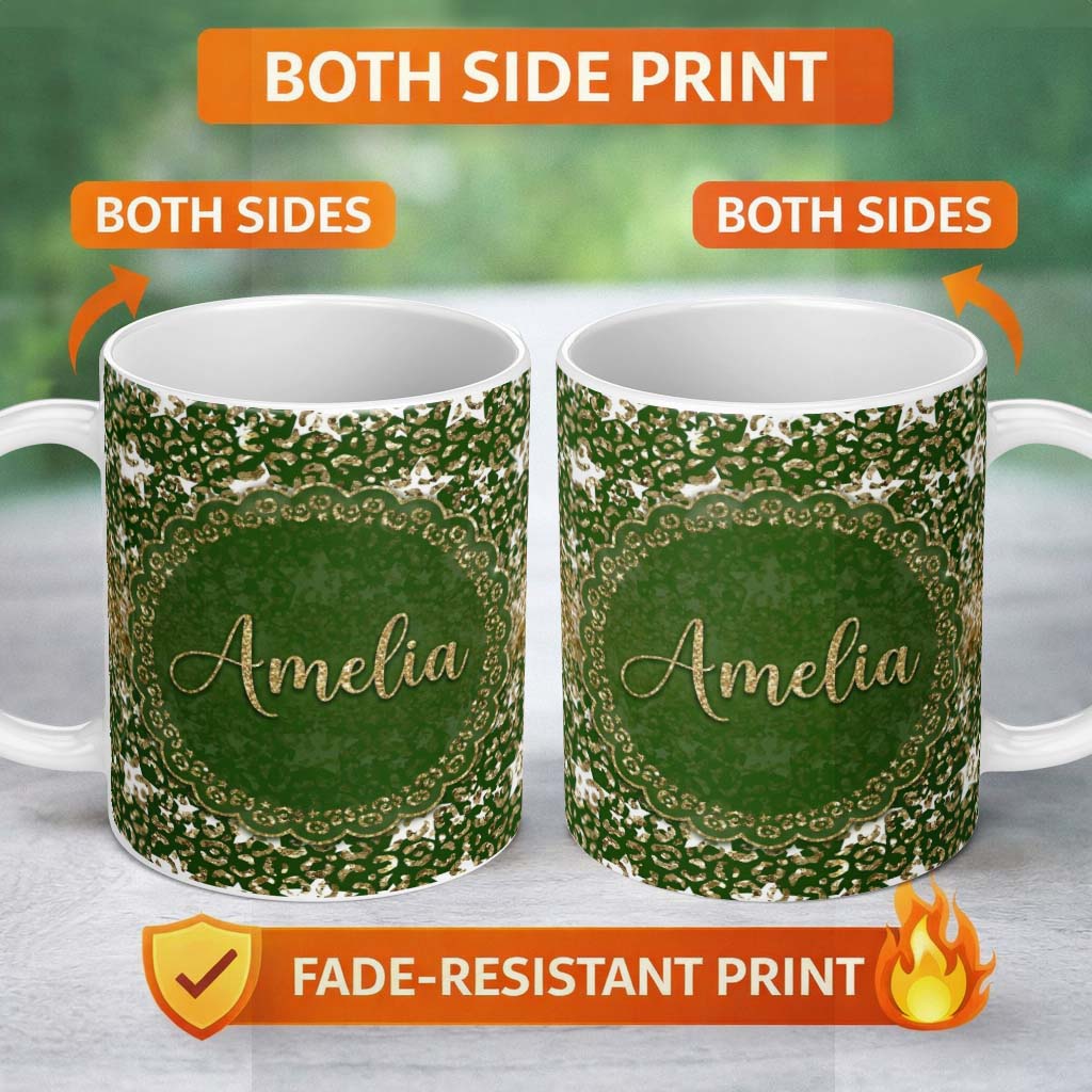 Personalized Custom Name Green Leopard Gold Glitter Christmas Seamless Pattern Lovely 11oz Ceramic Coffee Tea Mug White Large Handle