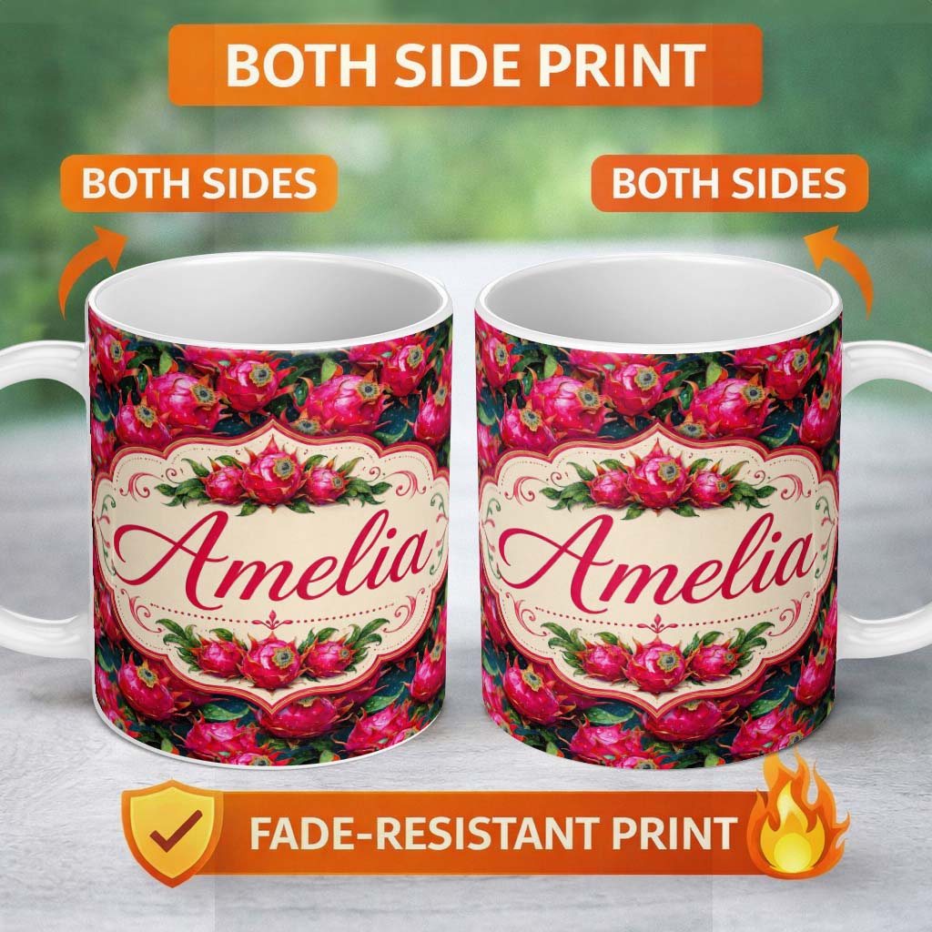 Personalized Custom Name Fresh Dragon Fruit Tropical Seamless Pattern Stylish Everyday Mug 11oz Ceramic Coffee Tea Mug White Large Handle