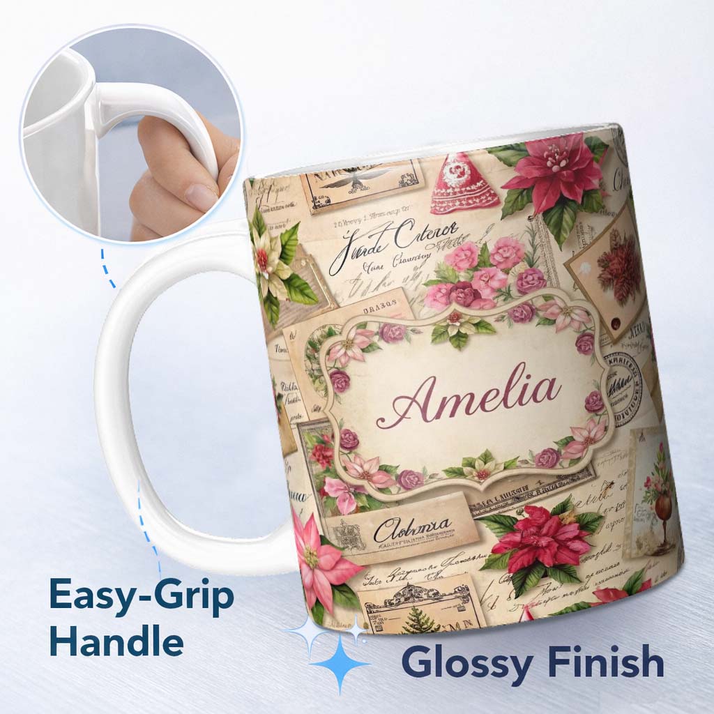 Personalized Custom Name Vintage Floral Christmas Cards Poinsettia Roses and Antique Paper 11oz Ceramic Coffee Tea Mug White Large Handle