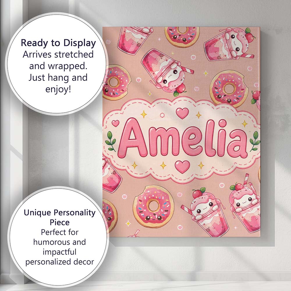Personalised Name Cute Kawaii Donuts and Custom Unique Gift Idea Elegant Feature Canvas Wall Art Print Decor Picture Ready to Hang