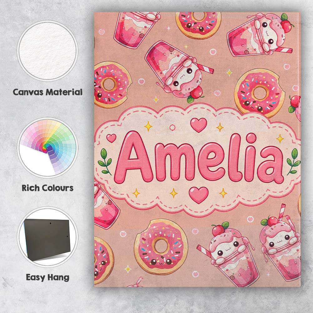 Personalised Name Cute Kawaii Donuts and Custom Unique Gift Idea Elegant Feature Canvas Wall Art Print Decor Picture Ready to Hang