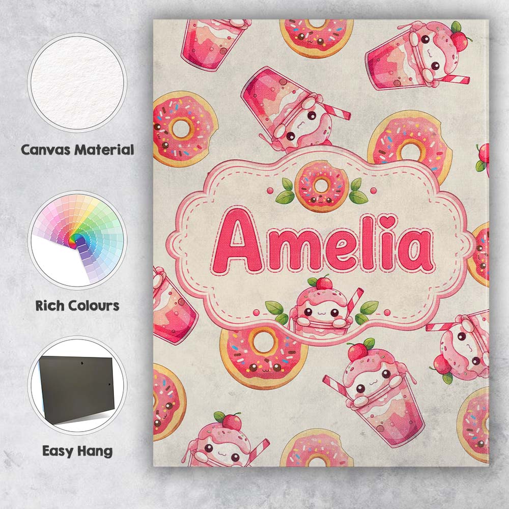 Personalised Name Cute Kawaii Donuts and Custom Unique Gift Idea Elegant Feature Canvas Wall Art Print Decor Picture Ready to Hang