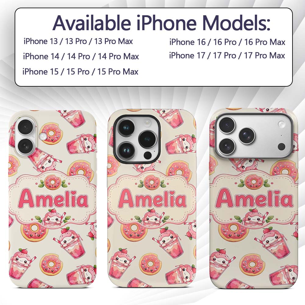 Cute Kawaii Donuts and Strawberry Milkshake Cream Custom Name Protective Phone Case Mobile Cover Durable Everyday Smartphone Shock Resistant