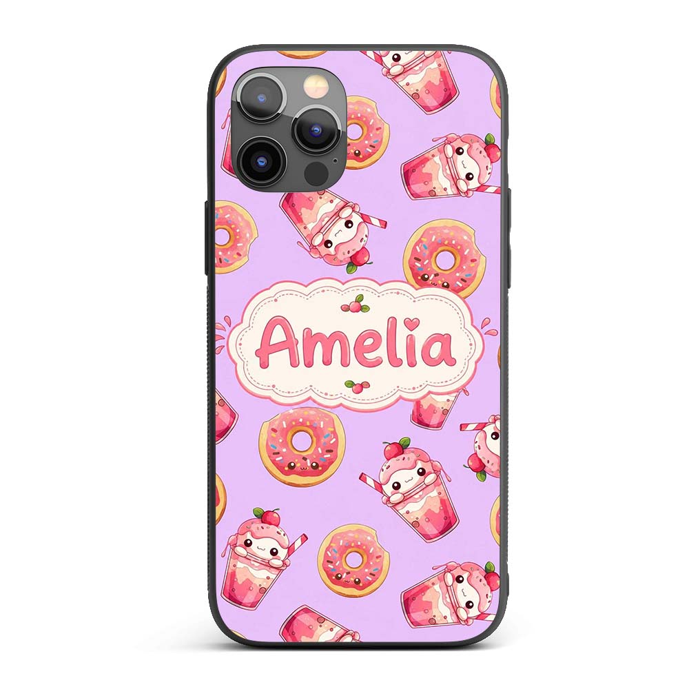 Cute Kawaii Donuts and Strawberry Printed Design Custom Name Protective Phone Case Mobile Cover Durable Everyday Smartphone Shock Resistant