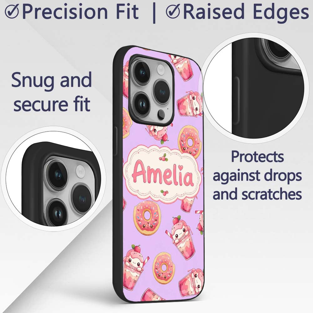 Cute Kawaii Donuts and Strawberry Printed Design Custom Name Protective Phone Case Mobile Cover Durable Everyday Smartphone Shock Resistant