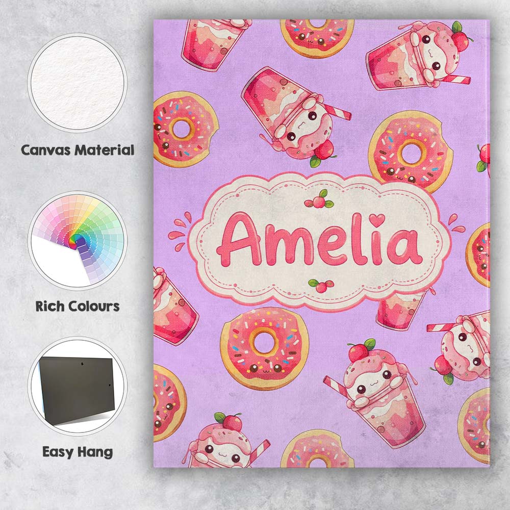 Personalised Name Cute Kawaii Donuts and Custom Unique Gift Idea Elegant Feature Canvas Wall Art Print Decor Picture Ready to Hang