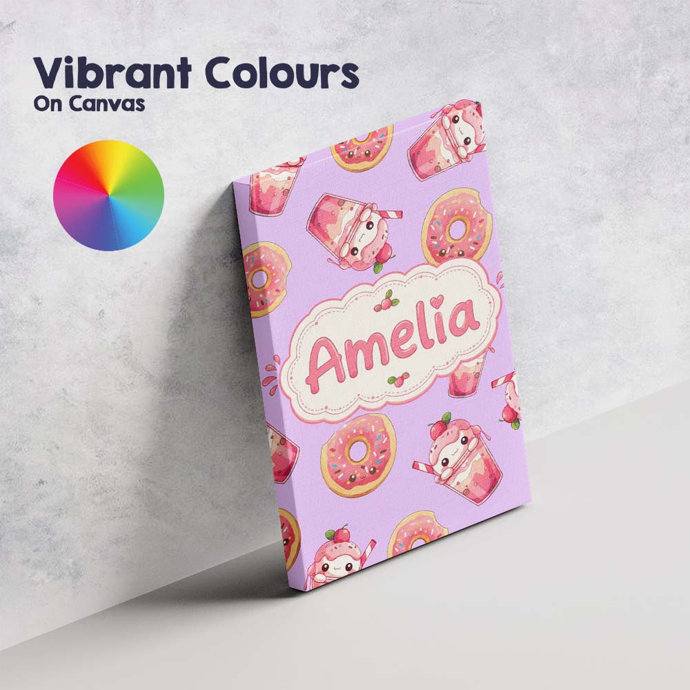 Personalised Name Cute Kawaii Donuts and Custom Unique Gift Idea Elegant Feature Canvas Wall Art Print Decor Picture Ready to Hang