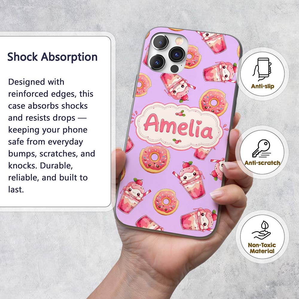 Cute Kawaii Donuts and Strawberry Printed Design Custom Name Protective Phone Case Mobile Cover Durable Everyday Smartphone Shock Resistant