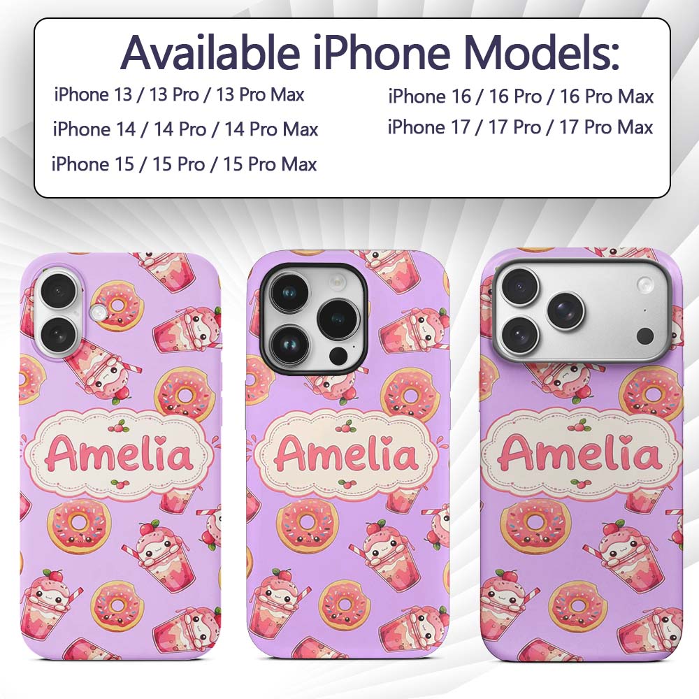Cute Kawaii Donuts and Strawberry Printed Design Custom Name Protective Phone Case Mobile Cover Durable Everyday Smartphone Shock Resistant