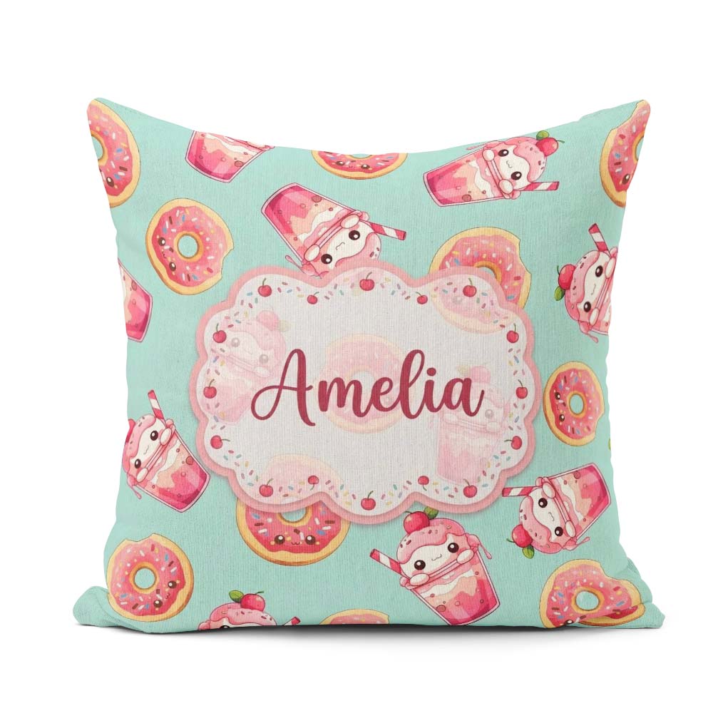 Custom Name Cute Kawaii and Strawberry Milkshake Mint Background Square Filled Cushion Throw Pillow Sofa Bed Home Decor Zip Washable UK Made